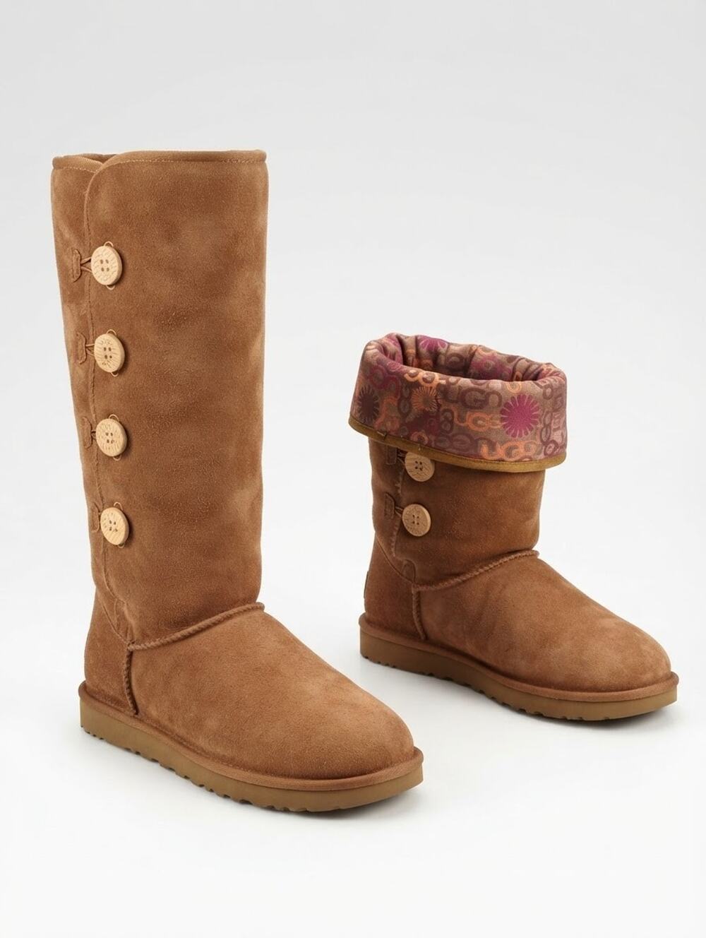 UGG Australia Bailey Button Triplet Chestnut Brown Suede Boots Sz 10 Convertible